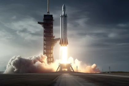 futuristic space rocket launching