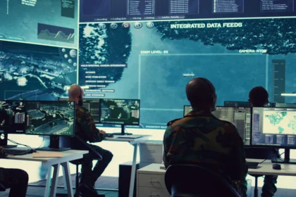 A military crew working control room of cybersecurity