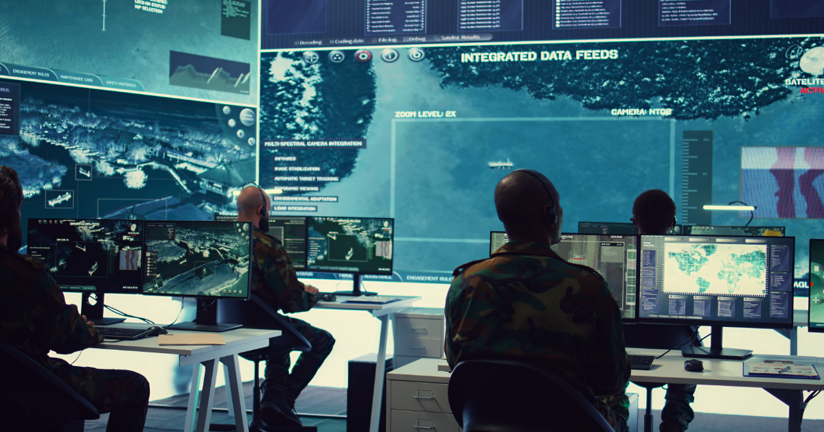 A military crew working control room of cybersecurity